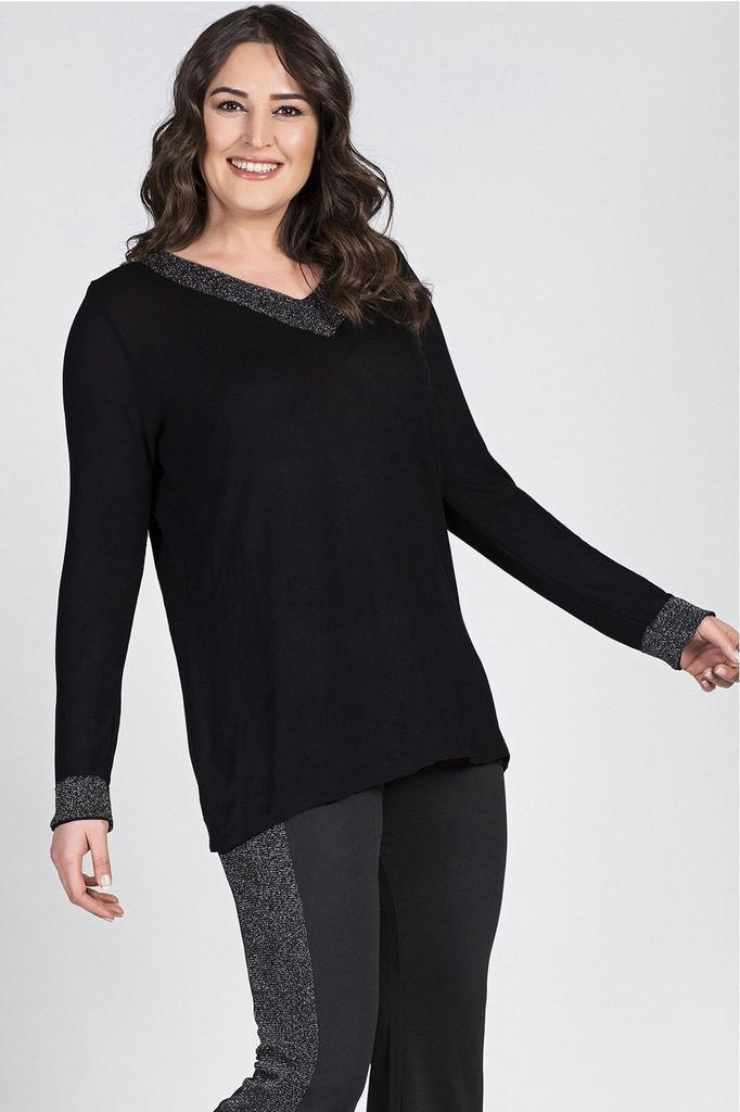 Damen Übergröße Bluse Schwarz Glitzer Detaillierte Langarmbluse G051 1U