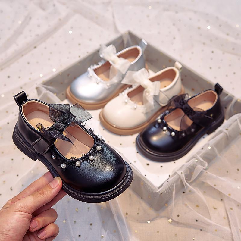 Girls leather shoes bow pearl princess shoes 2025 autumn new children's single shoes soft sole girls performance shoes