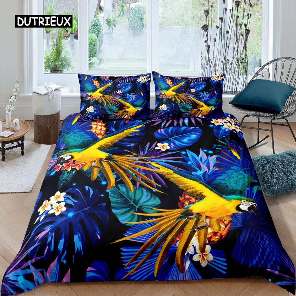 Parrot Duvet Cover Set Black White Stripe Bedding Set Green Plant Palm Leaves Quilt Cover Bird Animal Polyester Comforter Cover