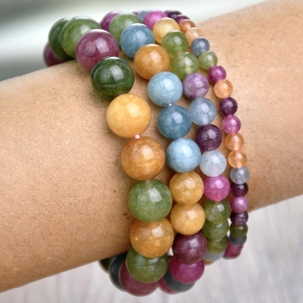 Bohemian Natural Stone Colorful Stone 4-10mm Elastic Bracelet Women's Sweet Trendy Vacation Handmade Zircon