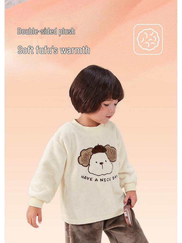 Double-Sided Fleece Autumn/Winter Pajama Set for Girls & Boys - Warm Home Wear for Older Kids