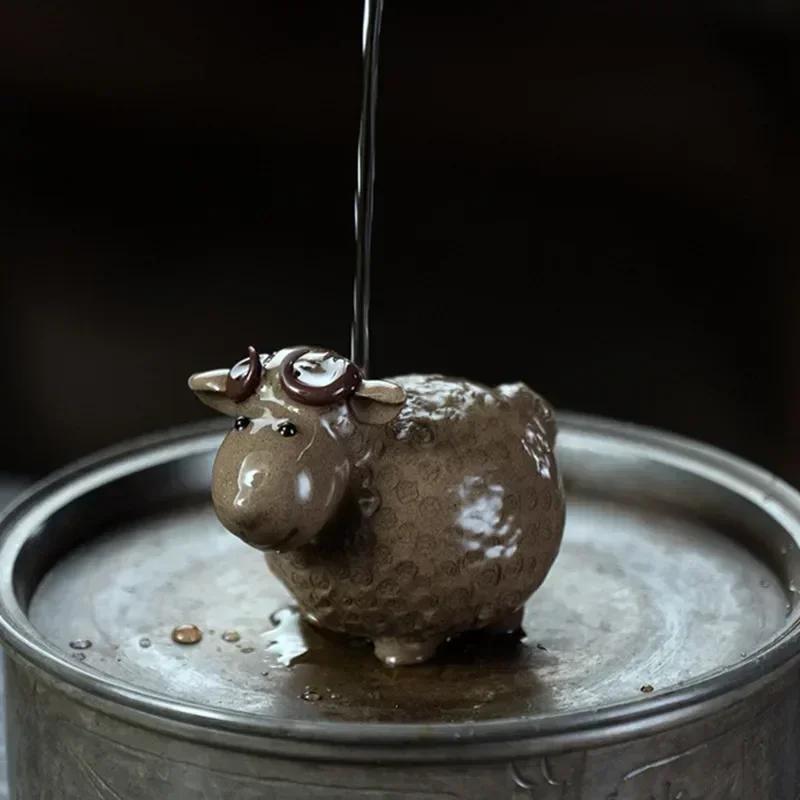 Chinese Yixing Purple Clay Tea Pet Lucky Sheep Statue Tea Figurine Ornaments Handmade Sculpture Crafts Home Tea Set Decoration