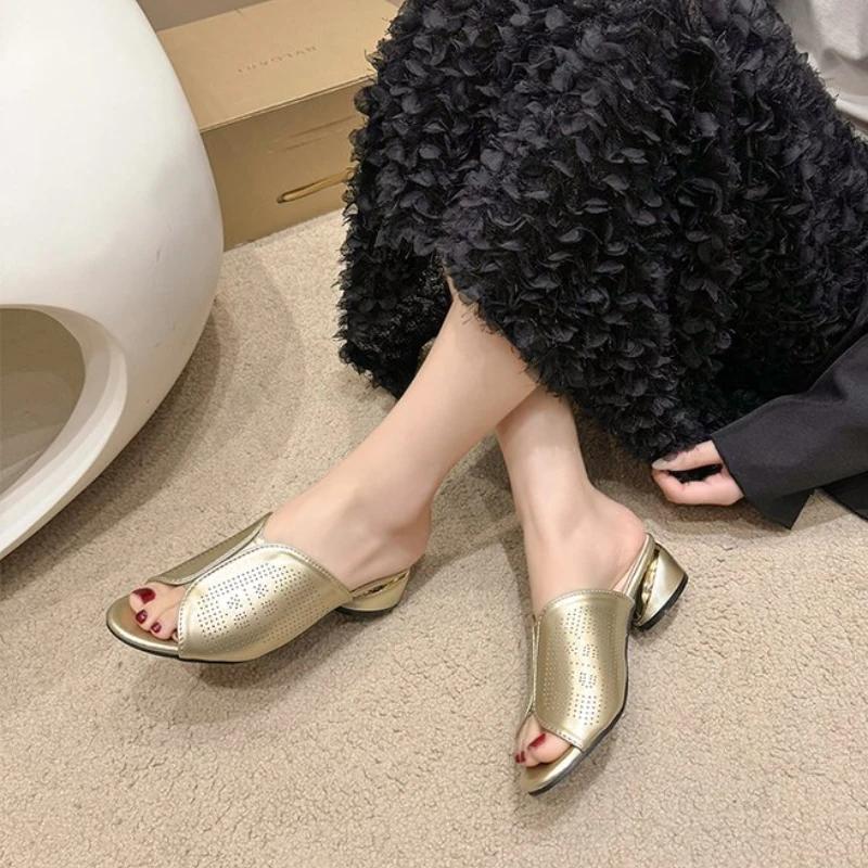 Měkké kožené pohodlné pantofle stříbrné silné podpatky dámské sandály na vysokém podpatku letní poloviční pantofle ležérní boty 35-43