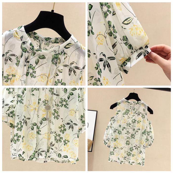 Негабаритная женская летняя шифоновая рубашка с короткими рукавами и цветочным принтом — фото 10