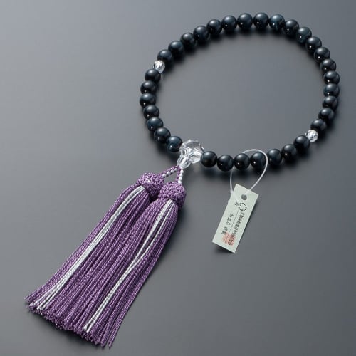 Buddhist Altar Shop Takita Shoten Kyoto Buddhist Prayer Beads for Women, Blue Tiger's Eye and Cut Crystal Beads, 8mm Beads, Silk Tassel with Head, Pra