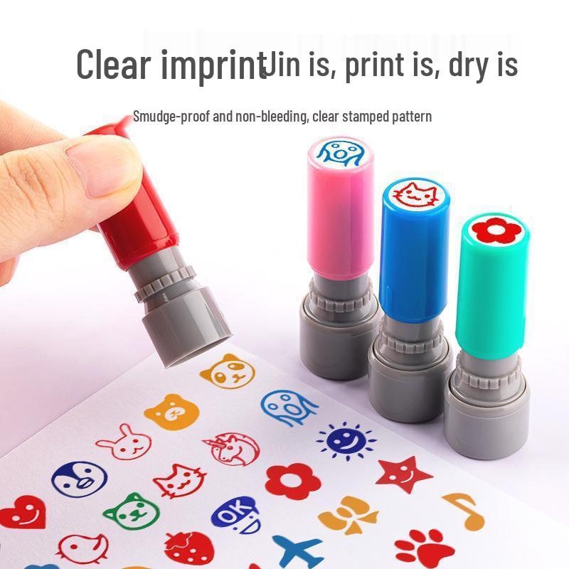 Set of 2 Cute Japanese Mini Stamps: Office Planner, Decorative Cartoon Stars, Smiley Faces, Red Flowers.