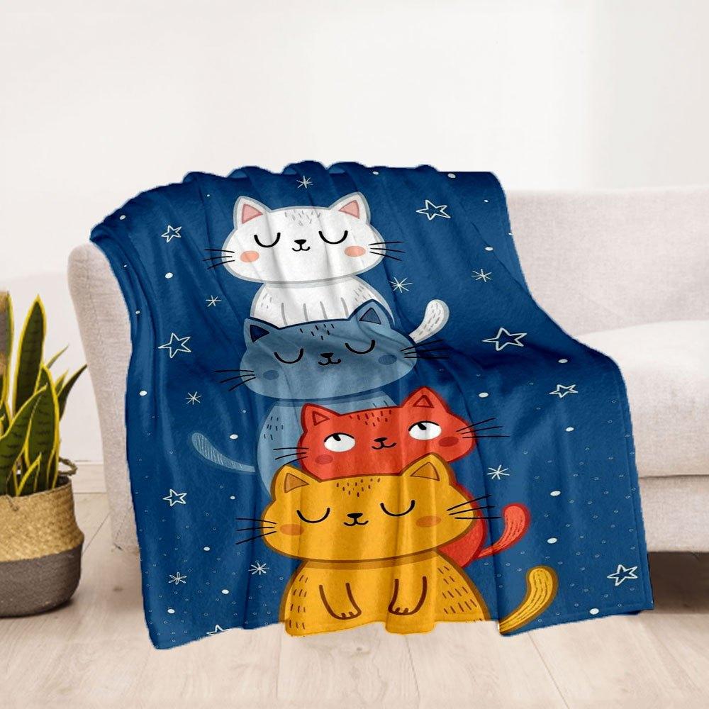 "Starry Night Cat Stack Illustration Wall Art Print"Blanket Flannel Throw Blanket for Sofa, Bed, Travel, Camping, Office, Couch, Chair, And