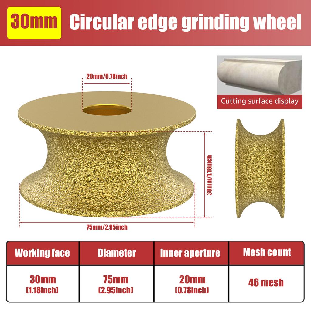 3in Dia Vacuum Brazed Diamond Grinding Wheel 20mm Bore Dia Demi-Bullnose Marble Stone Edge Profile Grinding Disc 46 Grit