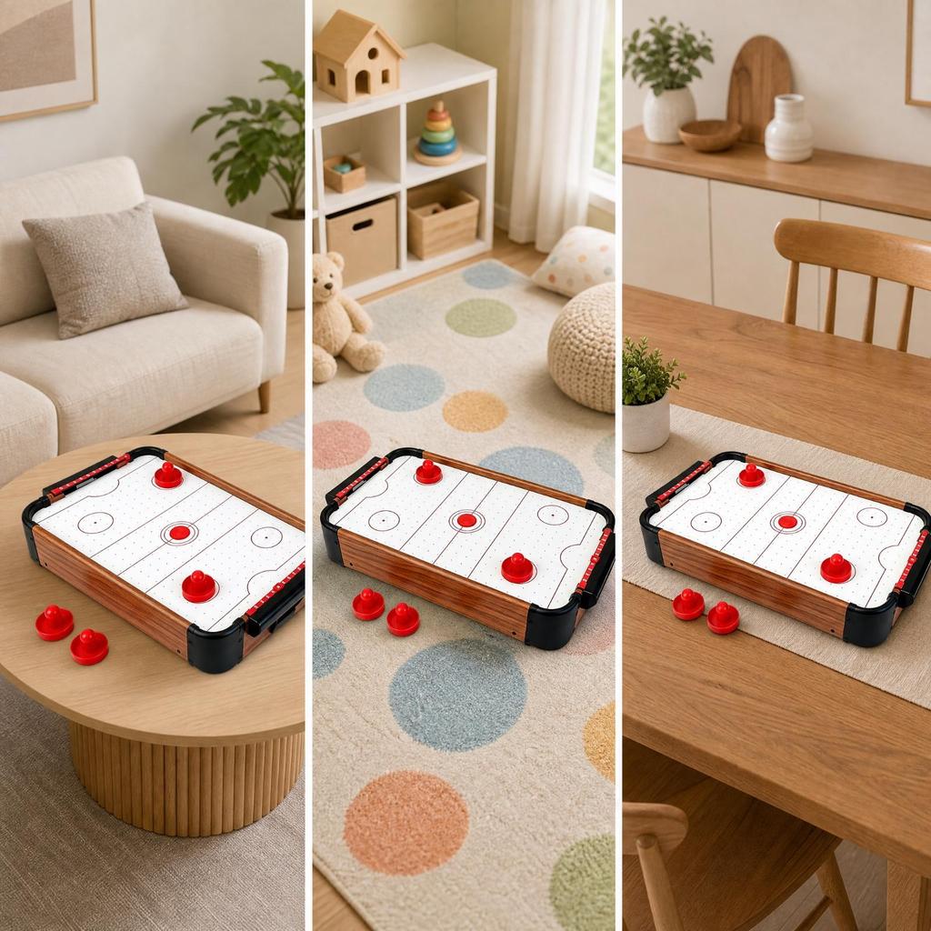 Tabletop Air Hockey Game with Pucks and Pushers Complete Set Wooden Compact