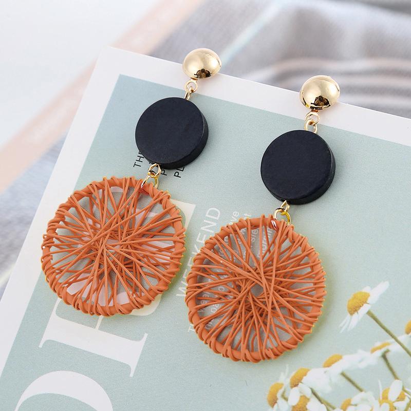 Hollow Woven Net Dangle Earrings for Women Fashion Funny Wooden Round Pendants Drop Earrings Cool Stuff long hanging earrings