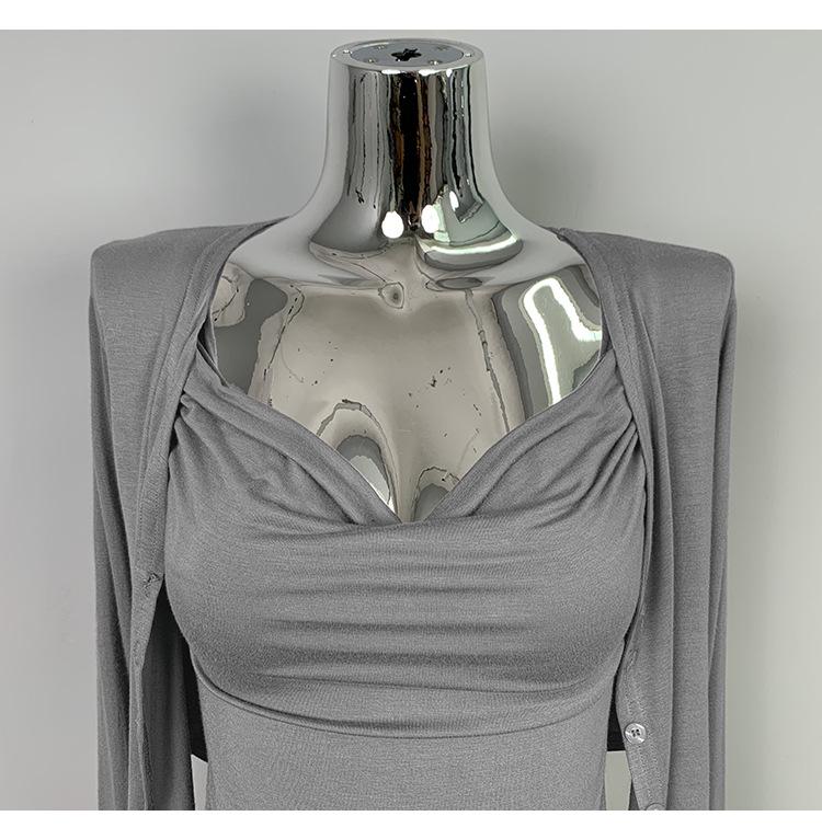 Korejský zeštíhlující bodycon set: Nařasené tílko a krátký kardigan pro ženy