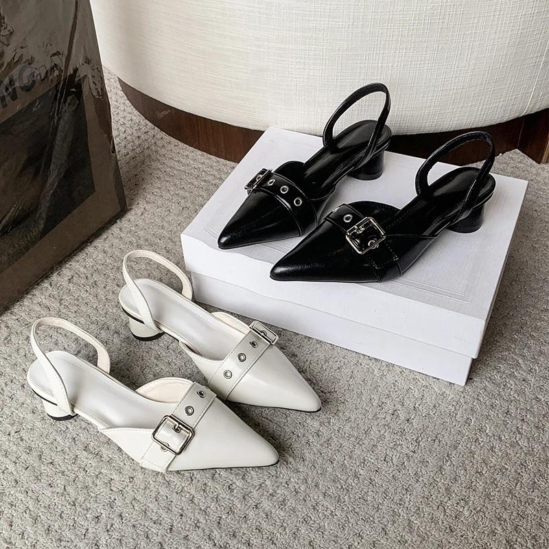 Small Fragrant Style Women Shoes Circle High Heel Sandals Solid Color Pointed Toe Ladies Back Style Single Shoes Shoes for Women