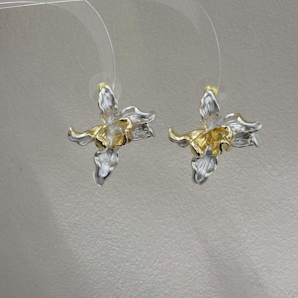 1 Pair Luxury Enamel Iris Earrings Zinc Zinc Alloy Metal Flower Ear Studs Golden and Silver Earrings  Bride