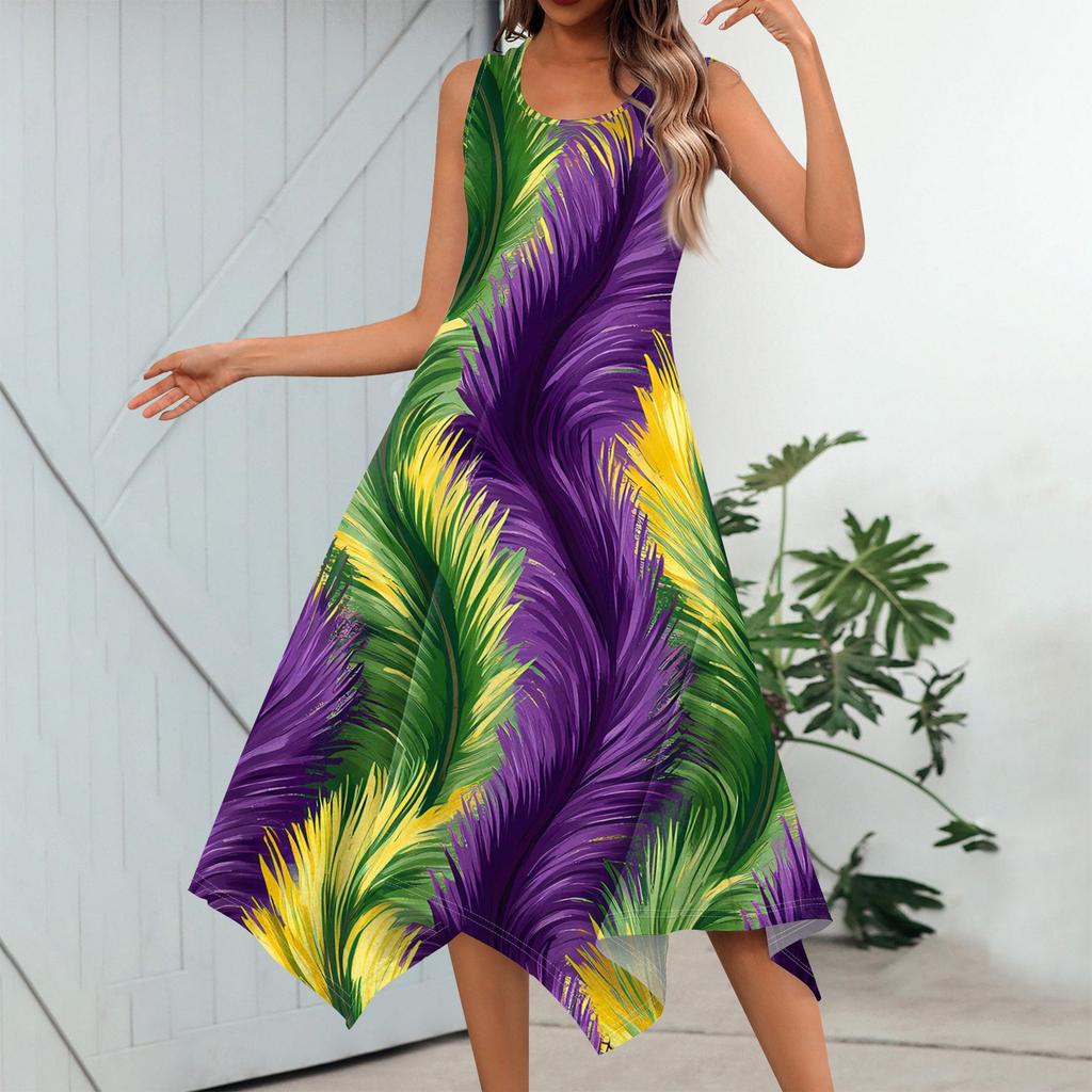 Dámská ležérní móda Midi šaty s kulatým výstřihem a potiskem bez rukávů s nepravidelným lemem