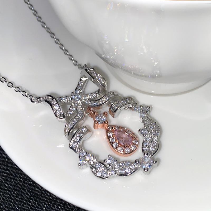 Versa Luxury Pink Zircon Bow Necklace - Women's Elegant Pendant for Christmas & Valentine's Gift