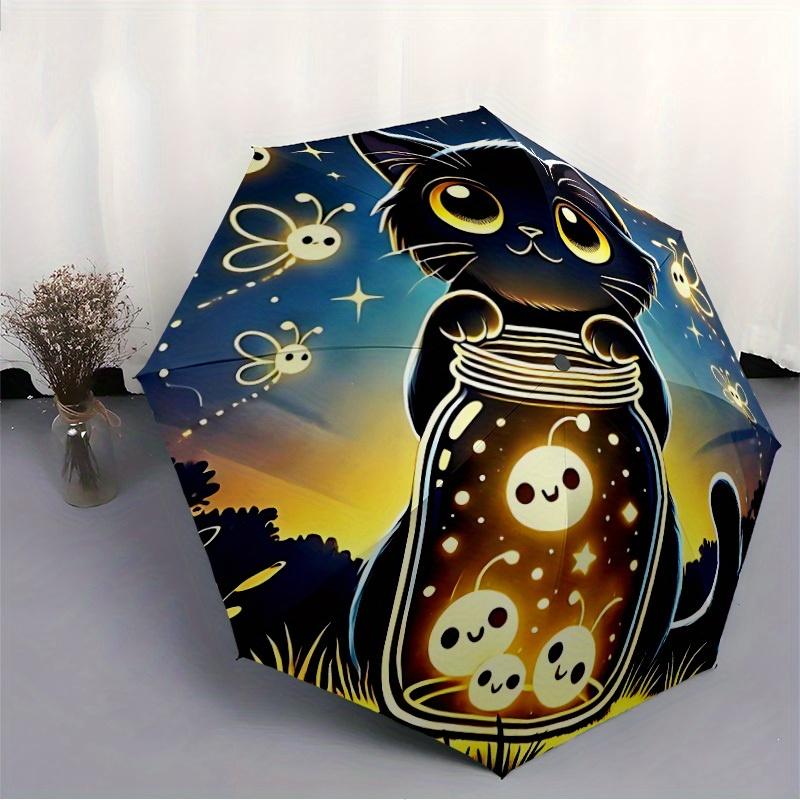 1pc Night Cat Compact Travel Leisure Umbrella, Auto Folding Lightweight Windproof 8-Bone Reinforced Design, Portable for Backpack Durable Ca