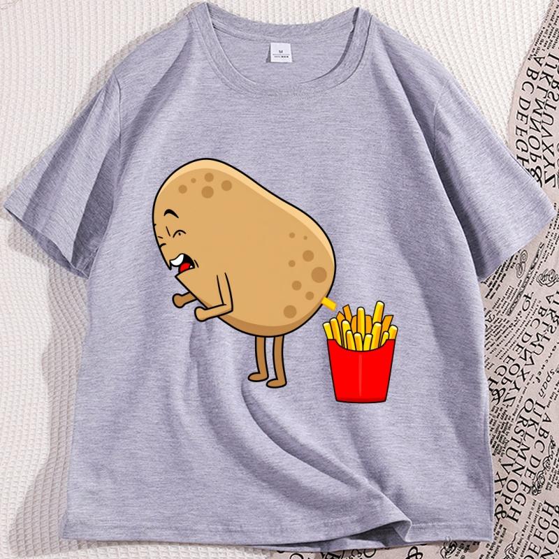 Funny Potato Fries Cartoon T Shirt Kawaii Food Humor Tshirt for Men Women Casual Loose Printed Tshirt Short Sleeve Clothes