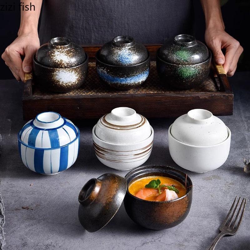 Keramikschüssel mit Deckel Kreatives Muster Dicke Suppenschüssel Dampfeierschüssel Dessertschalen Snackschalen Restaurant Spezialgeschirr