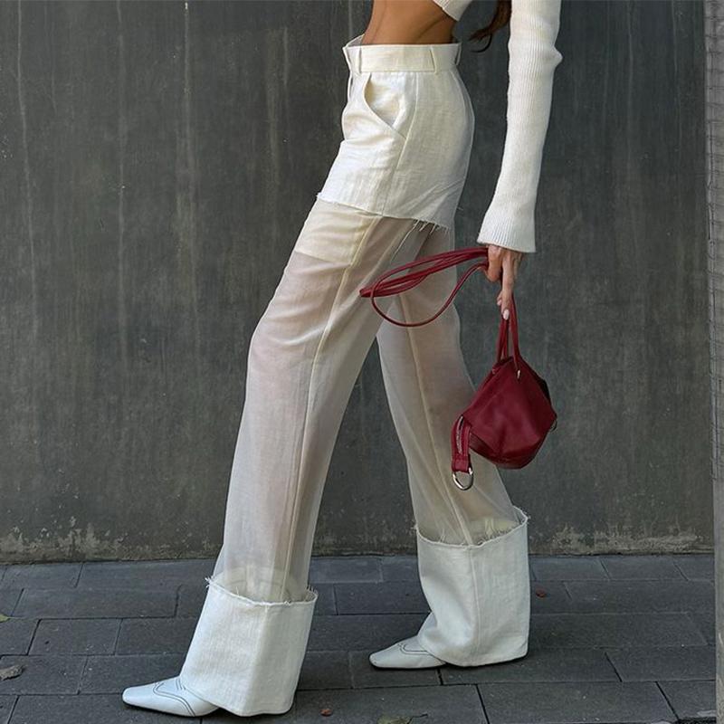 Frühlingsdurchsichtige Patchwork Straight Hose Damen Hohe Taille Tasche Reißverschluss Mode Streetwear Slim Damen Hose