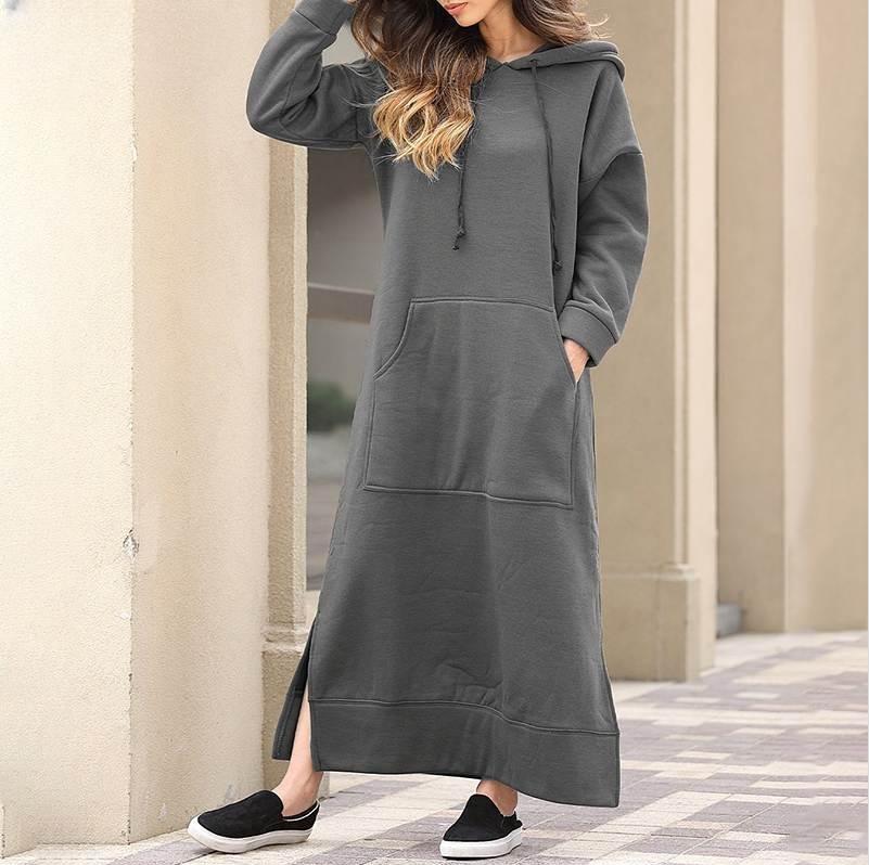 Herbst und Winter neue lockere Strick-Kapuzen-Langkleid Fleece-Pullover Freizeit-Modekleid große Tasche Rock