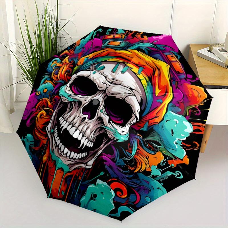 1pc Colorful Skull Design Automatic Opening/Closing Umbrella - Portable 3-Fold Design, 8-Bone Iron Frame Outdoor Umbrella, Ideal Gift for Fans, T