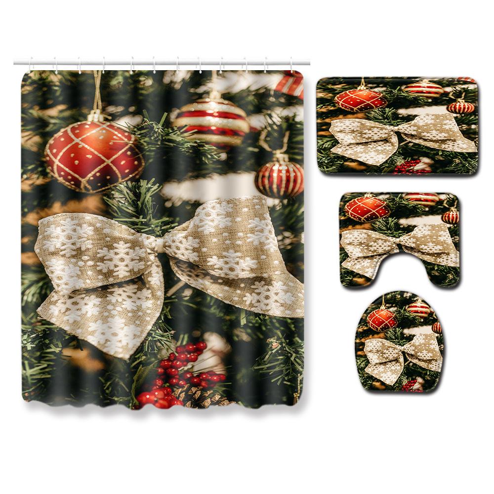 Christmas Shower Curtain Floor Mat Combination Four-Piece Set Bathroom Toilet Carpet Shower Room Mat Foot Mat