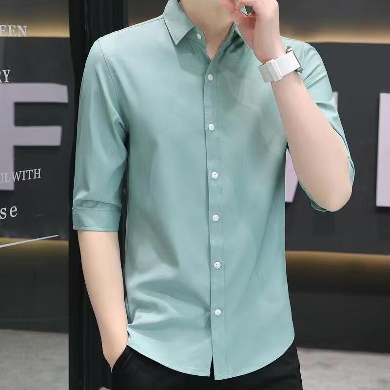 

Мужская рубашка с рукавами пять четвертей свободного кроя 2025 - в японском гонконгском стиле, летняя повседневная куртка, модная и универсальная XXL светло-синий