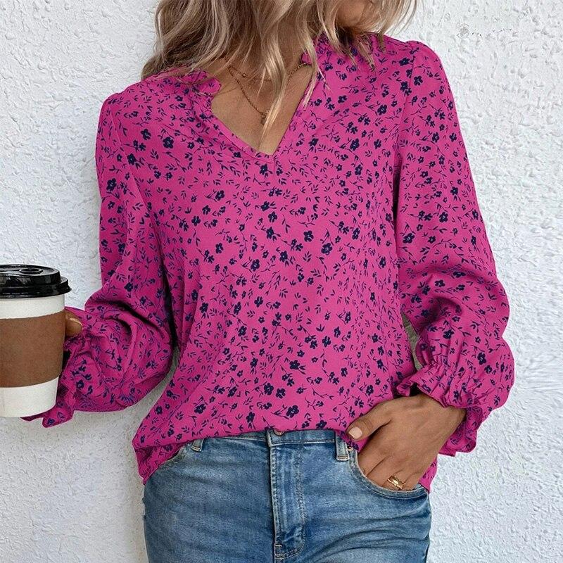 

2023 повседневные свободные женские топы с длинным рукавом и v-образным вырезом, женские рубашки, модная шифоновая блузка с цветочным принтом, женская одежда с оборками 28421 XL розы красного