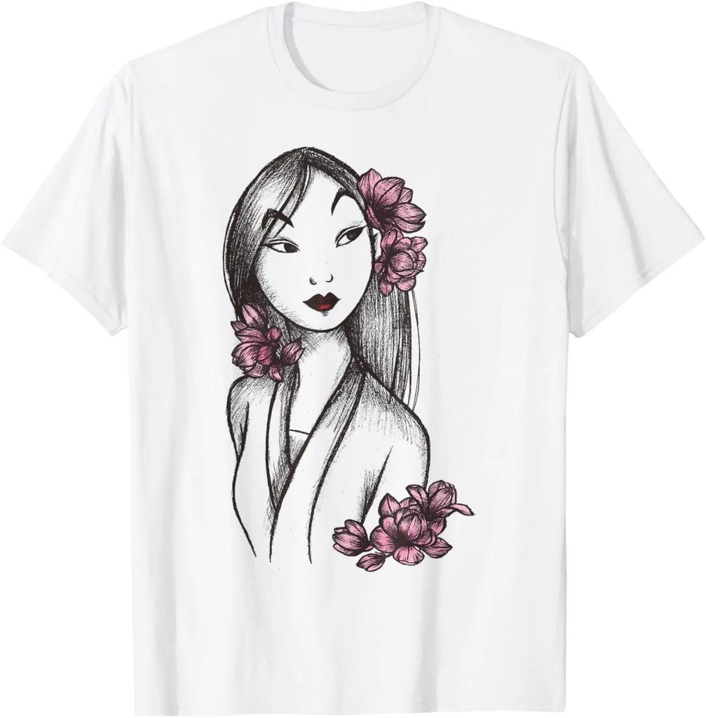 Hot Fashion Casual Disney Mulan Sketched Floral Hair Portrait Graphic T-Shirt T-Shirt S-4XL Four Seasons