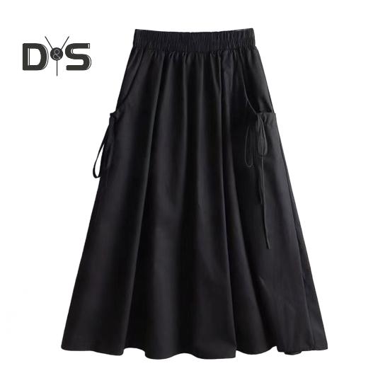 Cargorock mit elastischer Taille, Seitentaschen, einfarbig, A-Linie, lockere Passform, Midirock im Workwear-Stil, Kordelzugrock