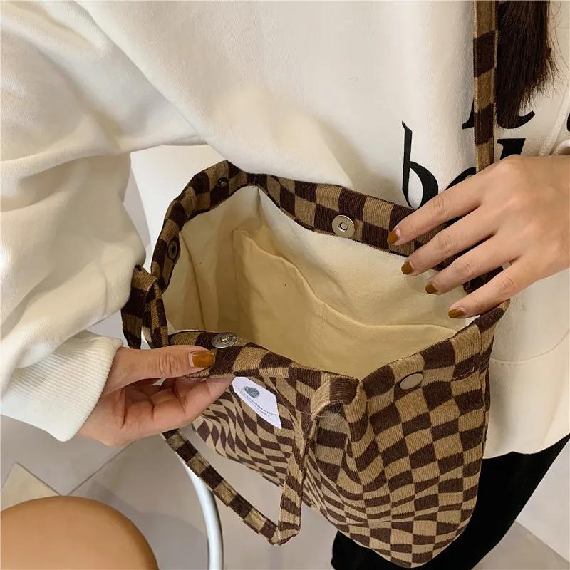 Modă Vintage Velur Carouri Geantă Tote de Umăr Moale Femei Studenți Sală de Clasă Geantă Canvas Simplă Tote Geantă de Cumpărături din Pânză