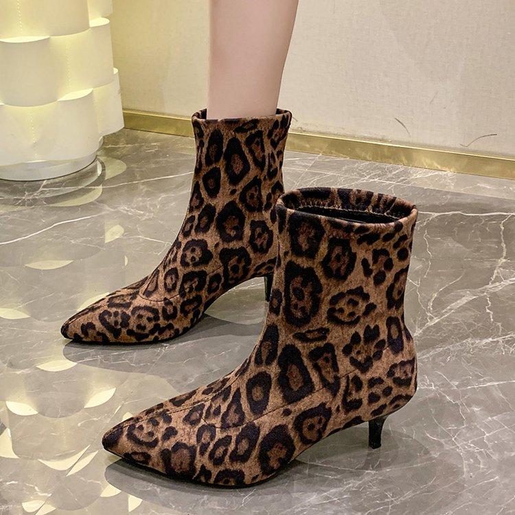 Toe Stiletto Pointed Ankle Boots Fashion Boots Spring Autumn Print Leopard Side Zipper Large Size Mid Heel Ankle Boot Women