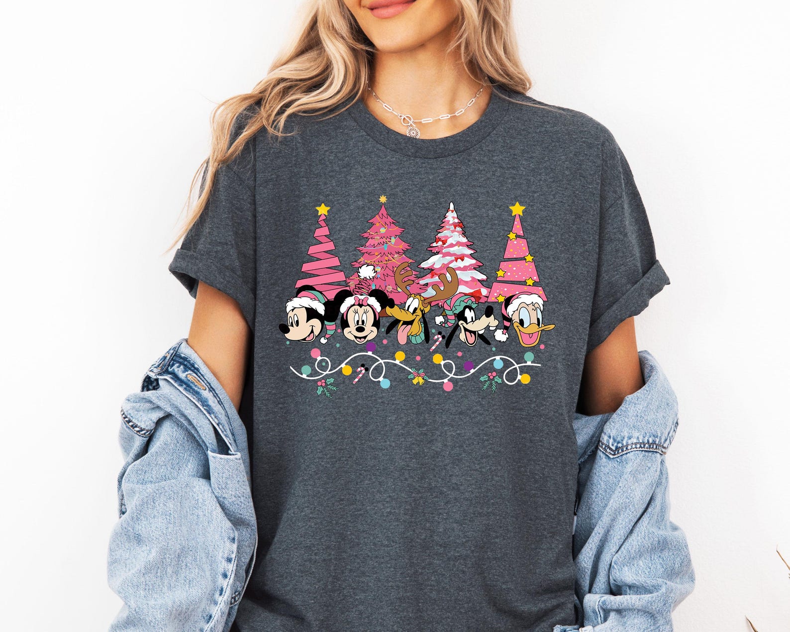 Coquette Disney Christmas Shirt, Pink Holiday Trees Tee, Pastel Mickey Friends Top, Girly Winter Aesthetic, Cute Soft Xmas Gift XL
