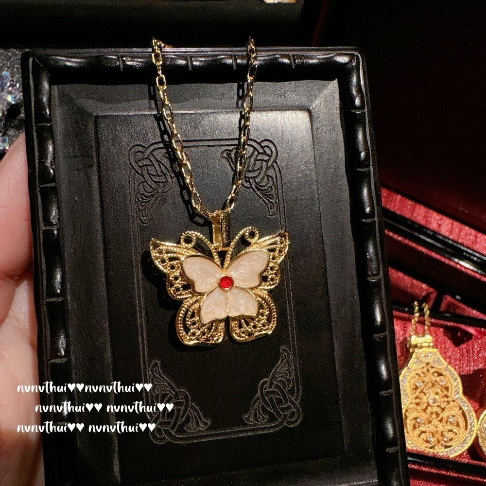 Ancient Gold Chiseled Butterfly Fritillary Gemstone Bracelet, New Chinese Style, Densely Woven Honeycomb Butterfly Drop Glaze Necklace Set