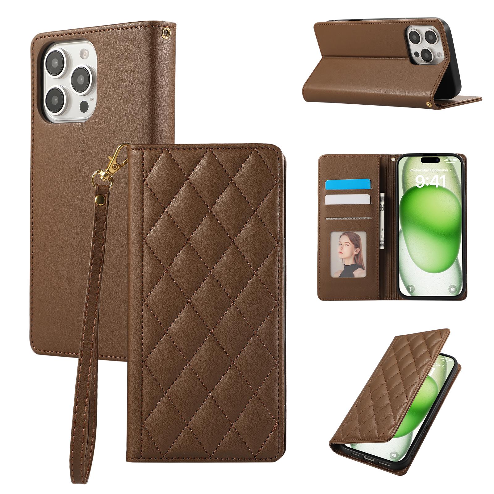 

For iPhone 15 Pro Max Case RFID Blocking Wallet Stand Rhombus Leather Phone Cover with Wrist Strap Brown