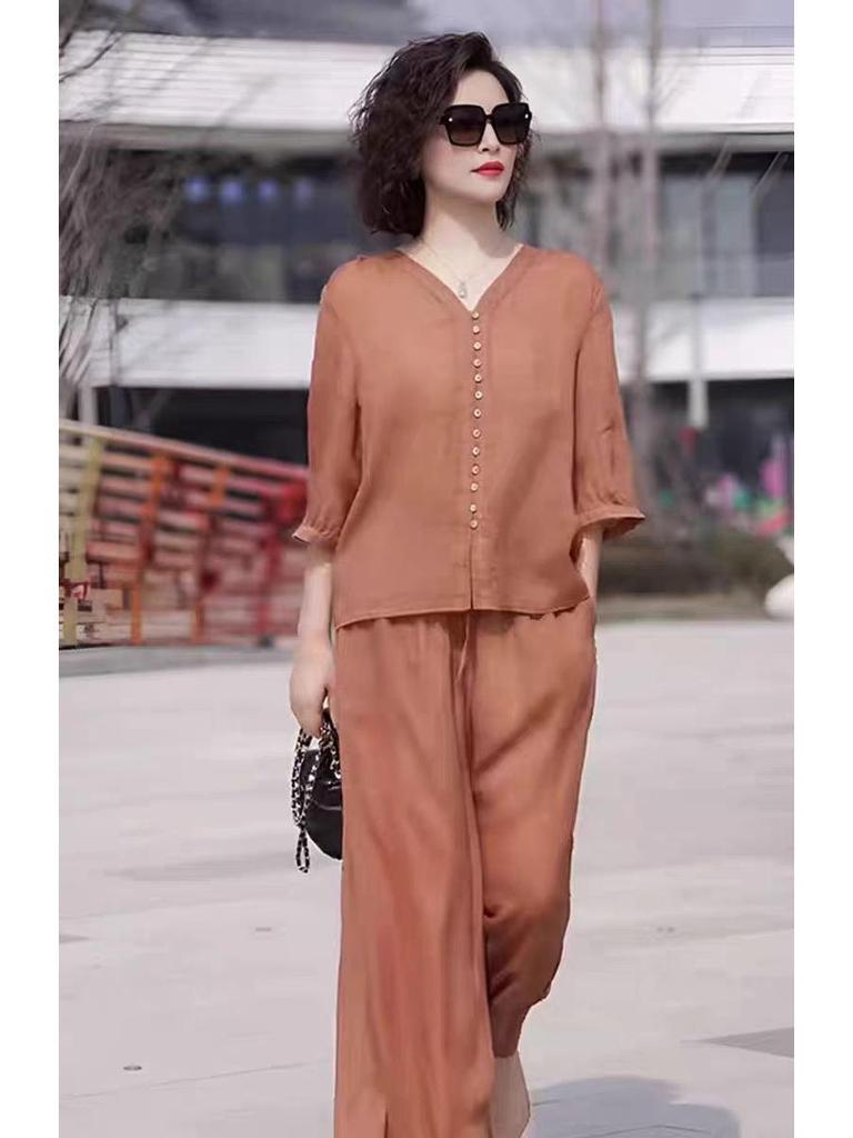2025 Women's Retro Fashion Casual Two-Piece Set: Top & Wide-Leg Pants
