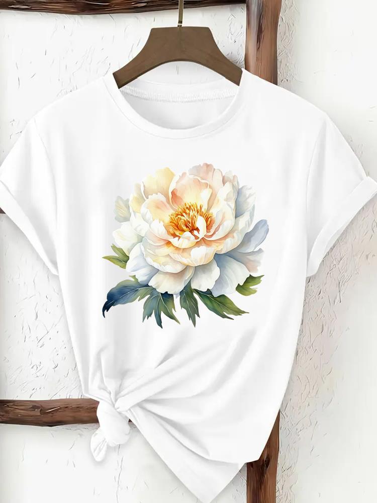 (Asiatische Größe) Damenbekleidung T-Shirt Aquarellblume niedlich Damen-Print T-Shirt Top Mode Damen Kurzarm Grafik T-Shirts