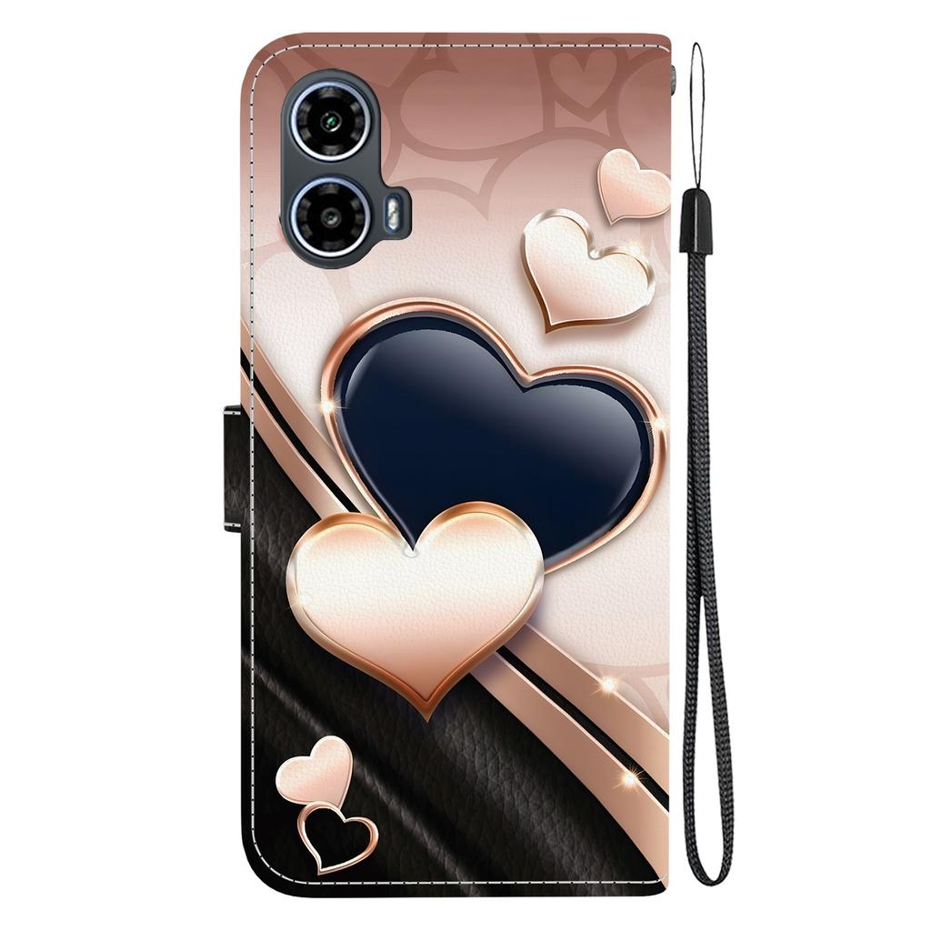 Handmade PU Leather Flip Case for Motorola Moto G34 Anti-Slip Shockproof Cover with Wrist Strap & Heart/Rose Cat Designs