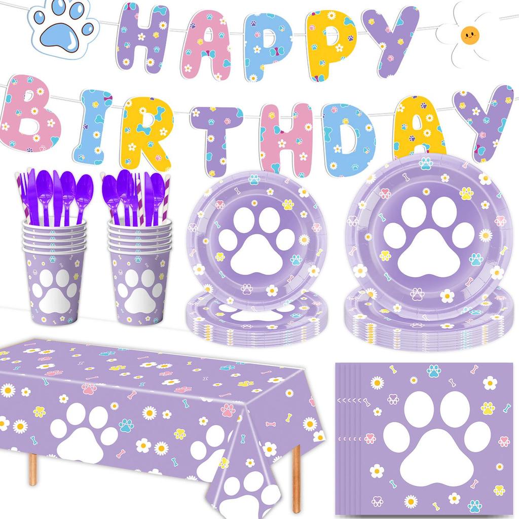 Cute Dog Paw Party Supplies: Disposable Tablecloth, Plates, Napkins, Cups, Decorations.