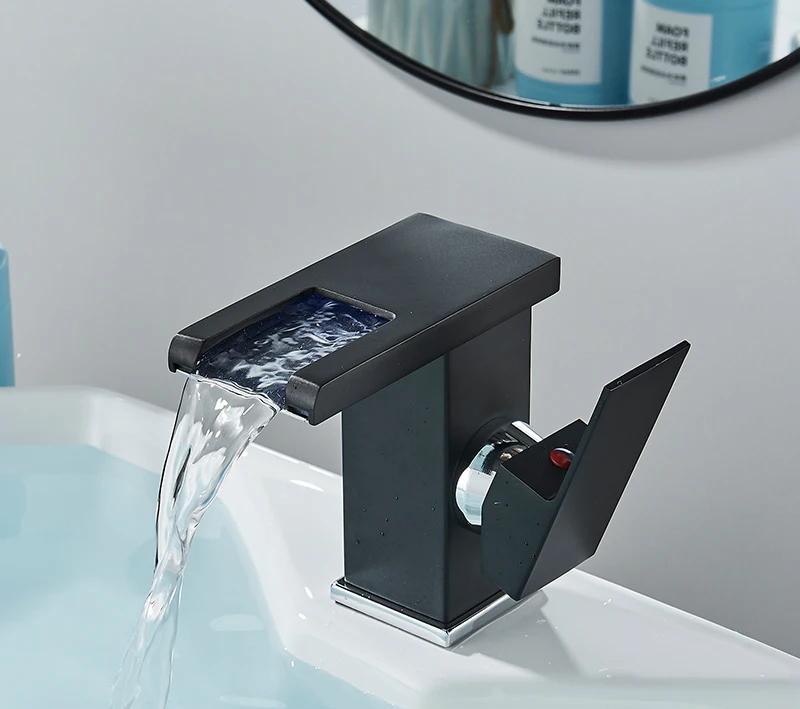 LED Bathroom Sink Faucet Brass Waterfall Faucet BlackBathroom Hot/Cold Mixer Crane Deck Mounted Wash Sink Taps Single Handle Tap