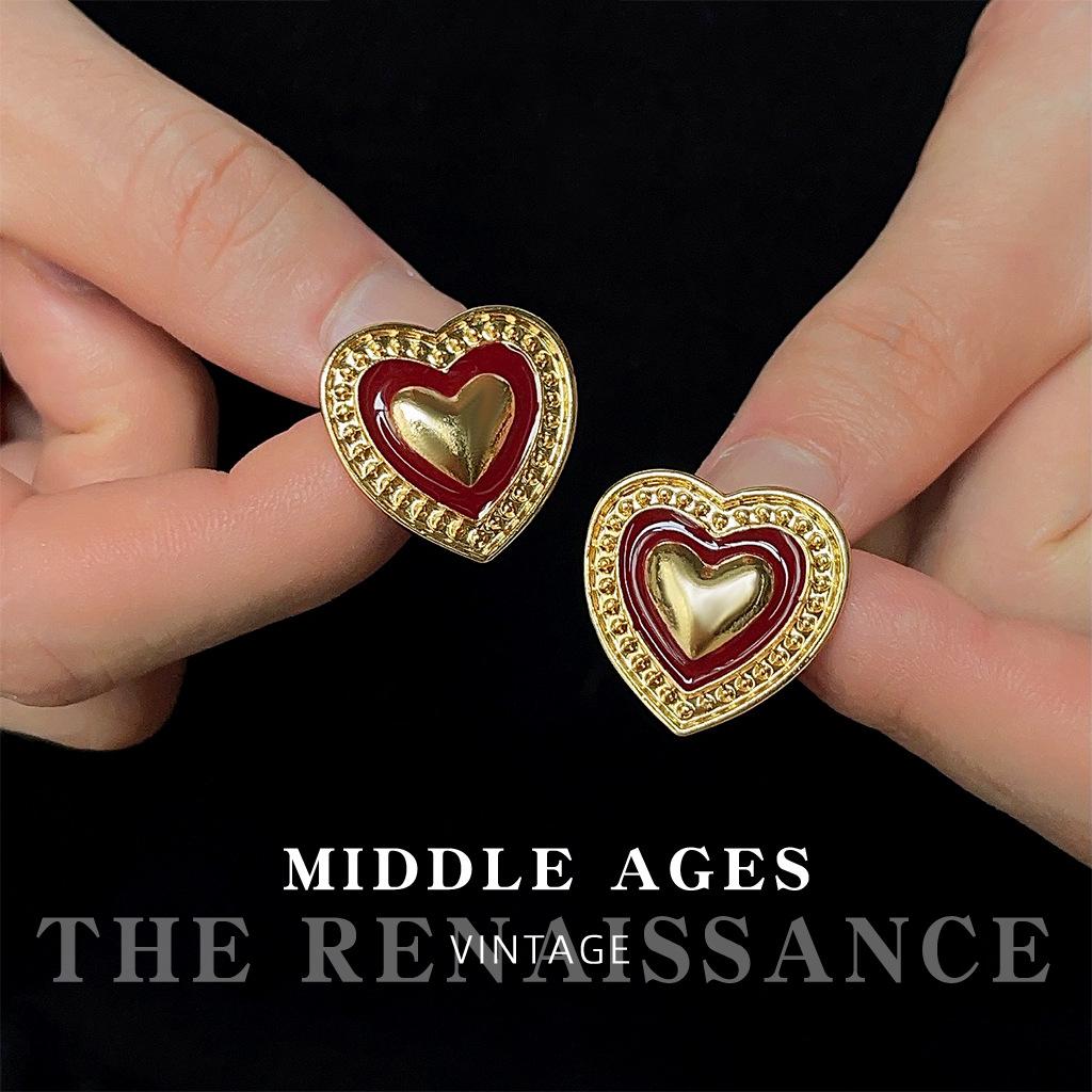 Эмалевые серьги-пусеты с бордовой эмалью, ретро стиль Гонконга, серьги-сердечки для женщин