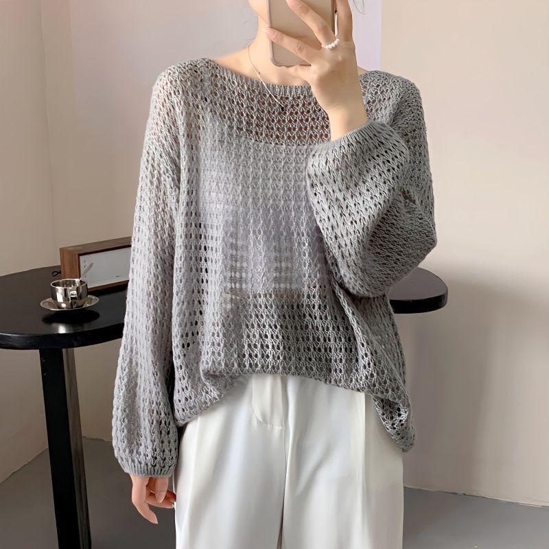 Hollow Long-sleeved Knit Sweater Women 2024 Summer Thin Breathable Loose Hoodie
