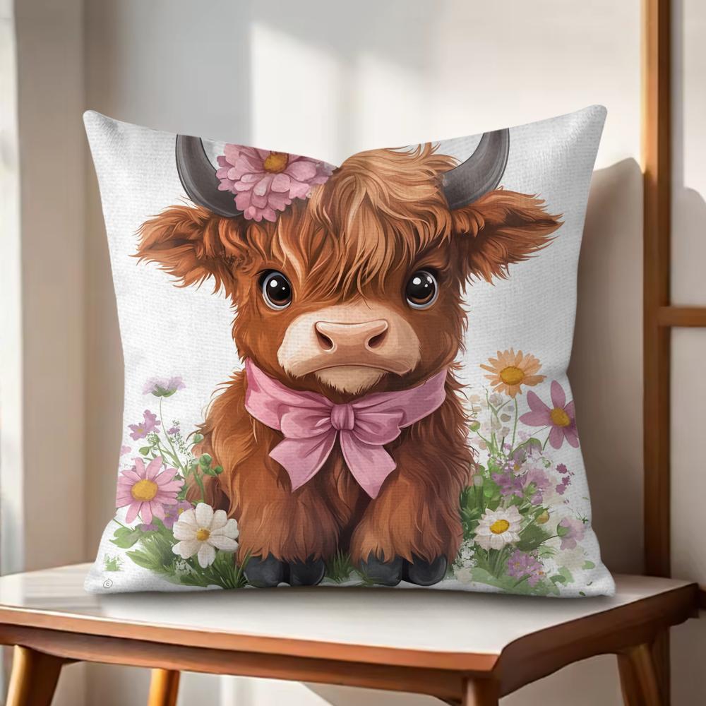 Highland cow  flower Cushion Cover Natural Linen Organic Fabric DoubleSided Printing Couch Pillow Covers Home Decor Gift