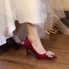 Fashion Wedding Shoes Women's 2025 Main Wedding Dress  High Heels Burgundy Xiuhe Bridal Shoes Mid Heel  Single Shoes