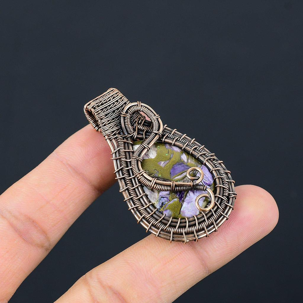 Copper Charoite Pendant Gemstone Jewelry, 999 Copper Wire Wrapped Pendant, Handmade Gift For Wife Pendant Jewelry