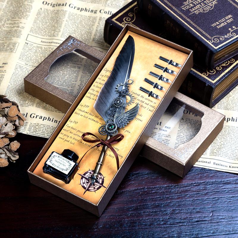 1SET Blue Peacock Mechanical Punk Wind Wing Pen Dipping Pen Ink Advertising Gift Pen Quill Set