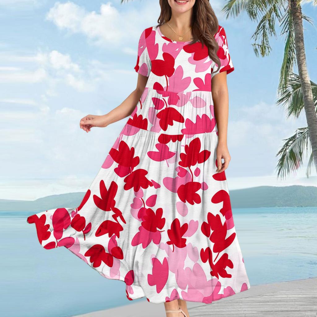 Women's Casual Loose Bohemian Floral Print Short Sleeve Dress