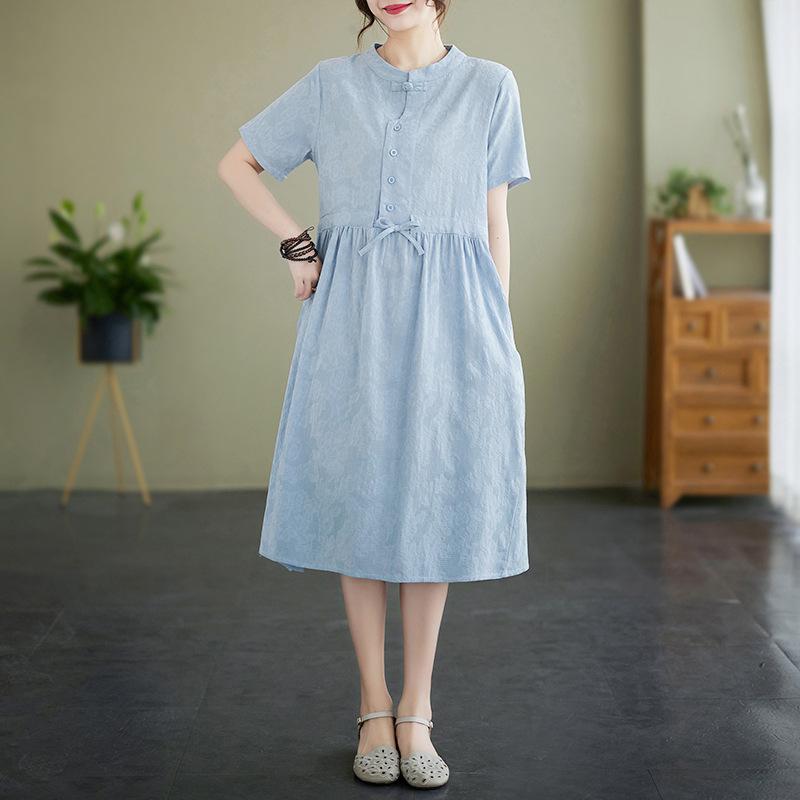 

Платье из жаккардового хлопка и льна, женское, лето 2025 г., в китайском стиле, с пряжкой, веером, однотонное, с короткими рукавами, из рами, средней и длинной длины M синий