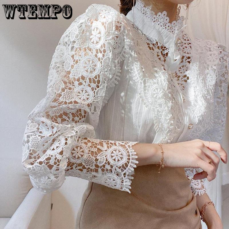WTEMPO Women Hite Lace Patchwork Hollow Out Shirt Long Sleeve O-Neck Mesh Tops Spring Elegant Solid Button Blouses