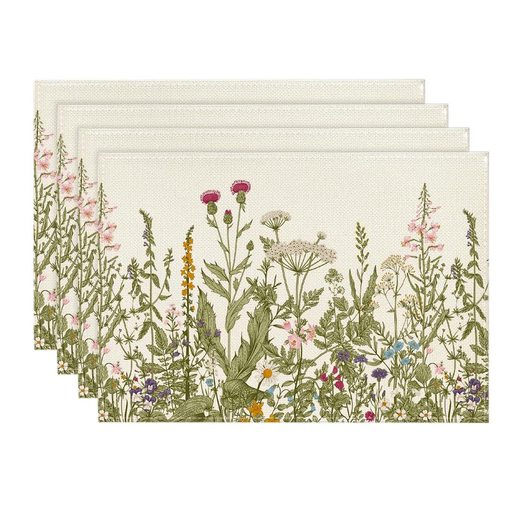 Antique Herbs and Wild Flowers Summer Placemats Set of 4, 12x18 Inch Seasonal Wildflower Spring Table Mats for Party Kitchen Dining Decoration